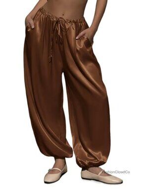 Women's Satin Harem Pants Baggy Barrel Leg Elastic Waist Drawstring Workout